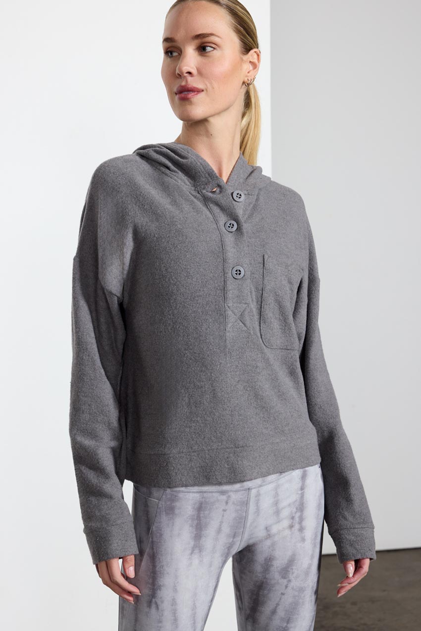 Tranquil Cropped Placket Hoodie - Dark Htr Concrete