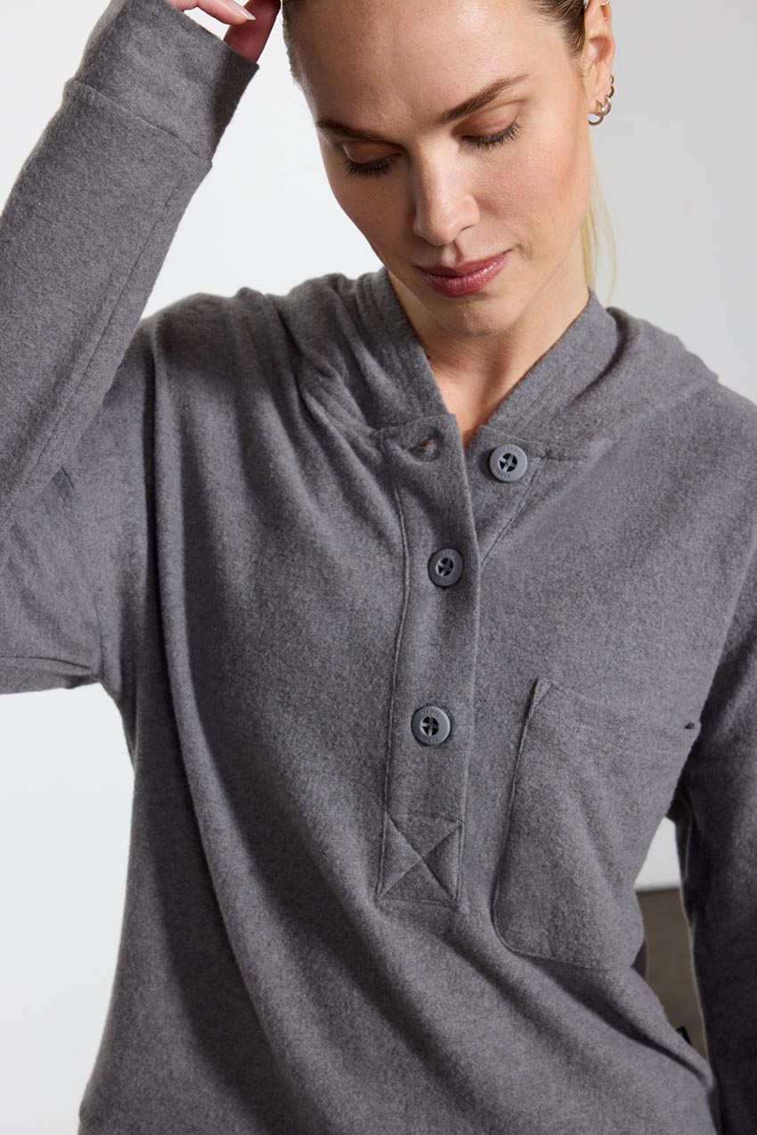 Tranquil Cropped Placket Hoodie - Dark Htr Concrete
