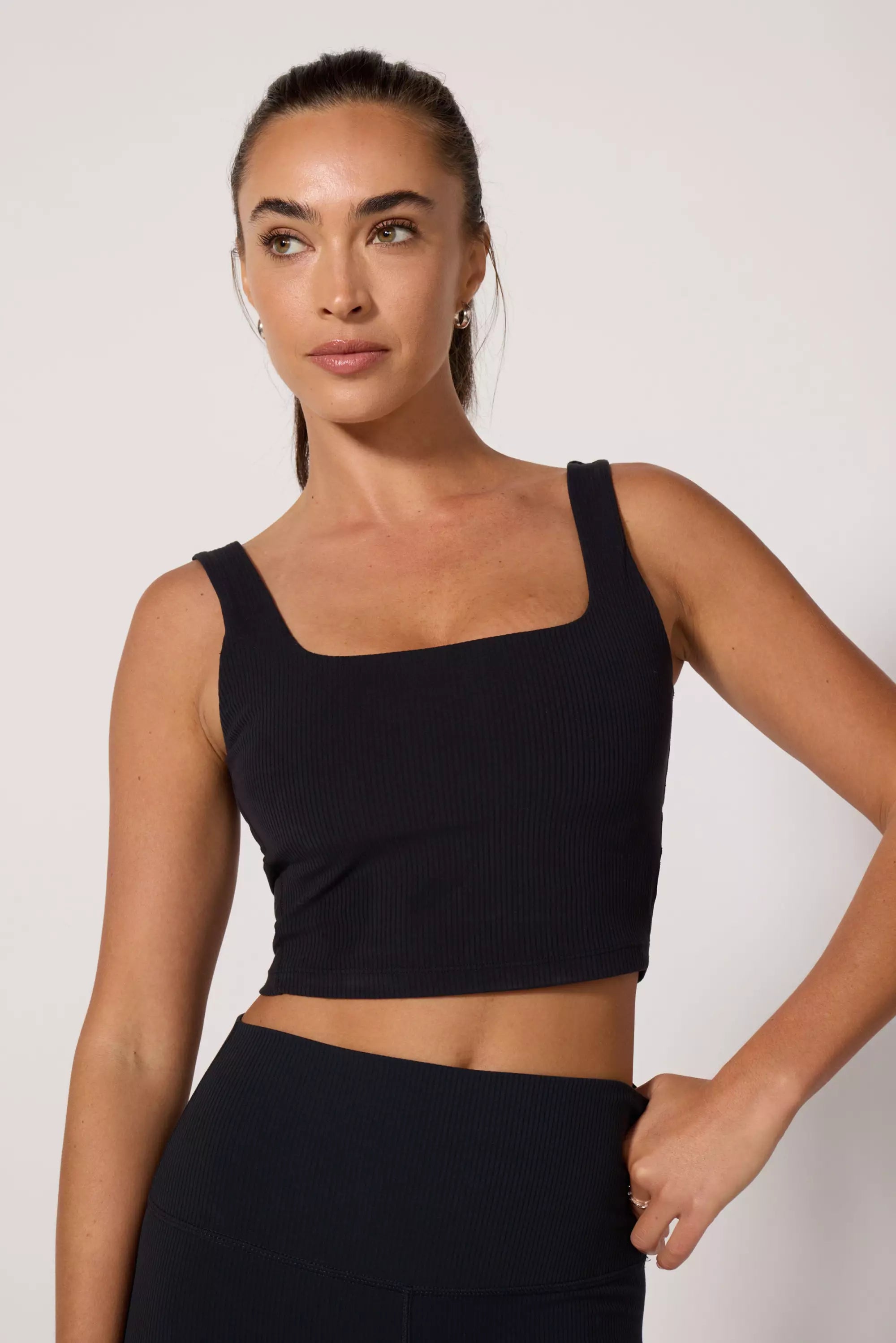 Ribbed Crop Tank with Support - Jet Black