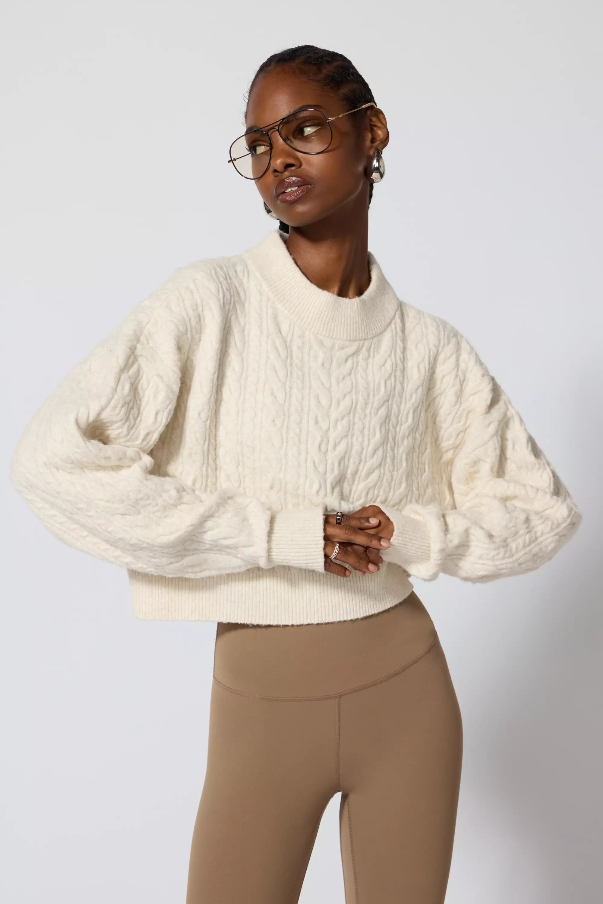 Cable Knit Cropped Sweater Htr Birch