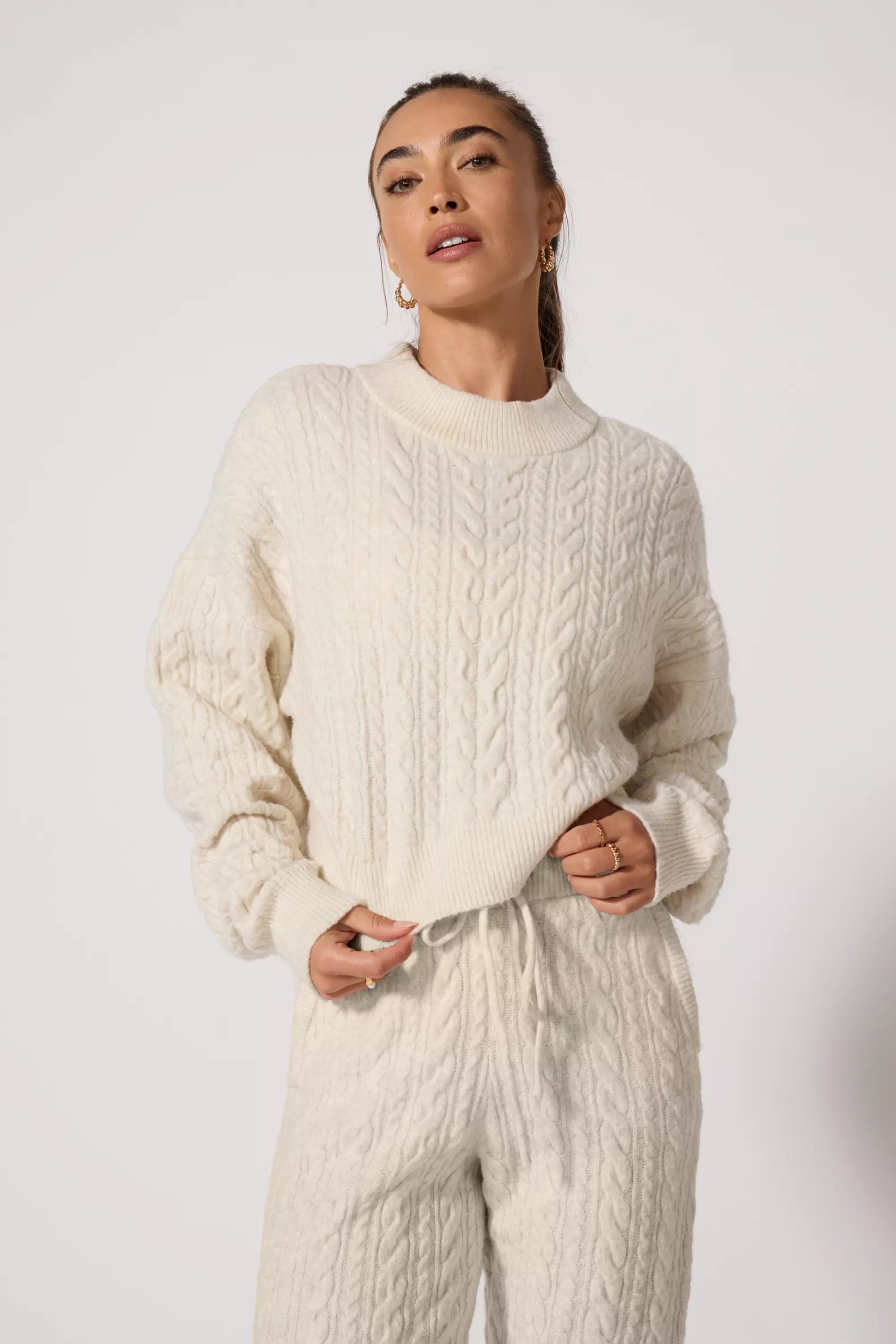 Cable Knit Cropped Sweater - Htr Birch | MPG Sport Cable Knit Cropped Sweater - Htr Birch | MPG Sport