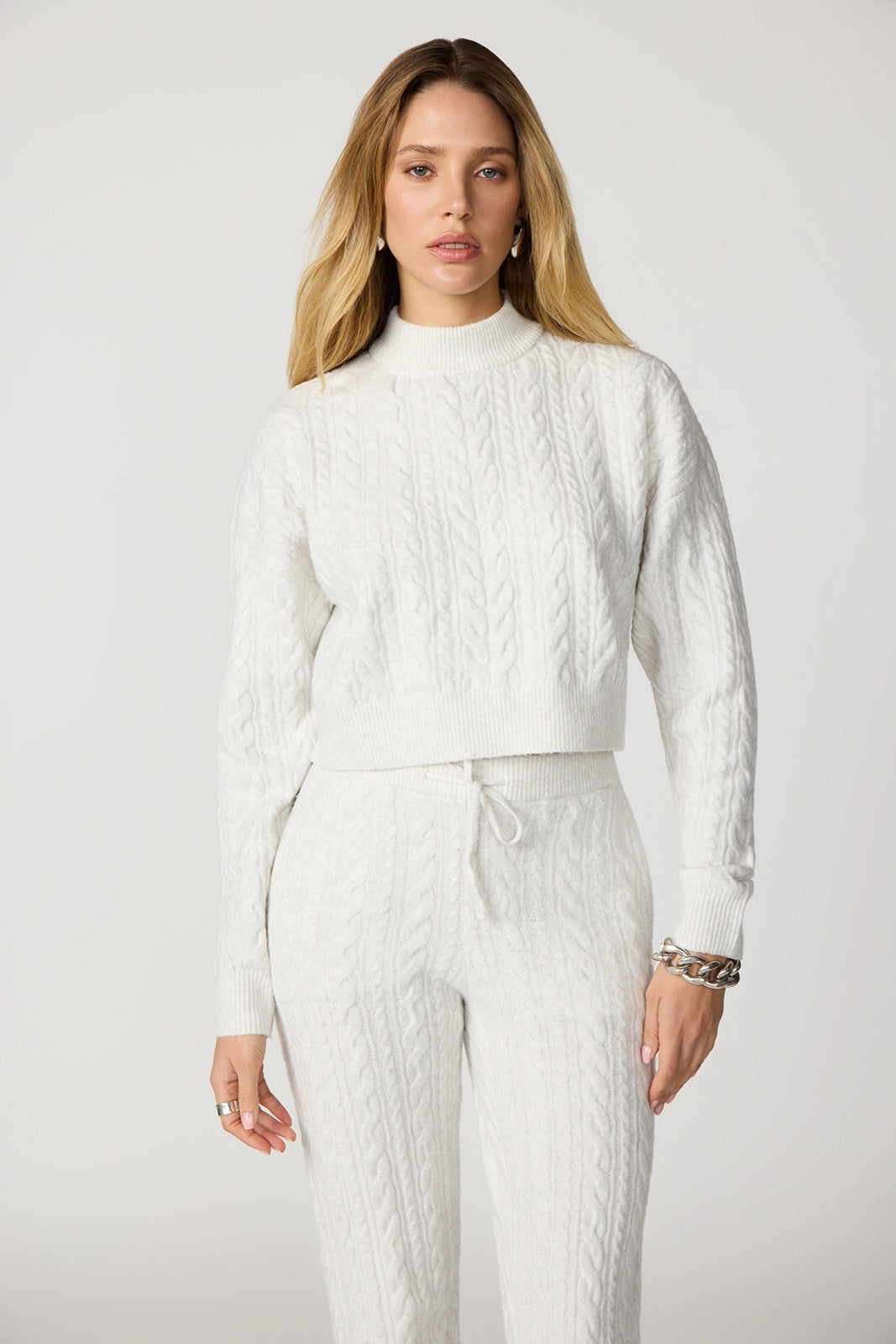 Cable Knit Cropped Sweater - Htr Moonbeam