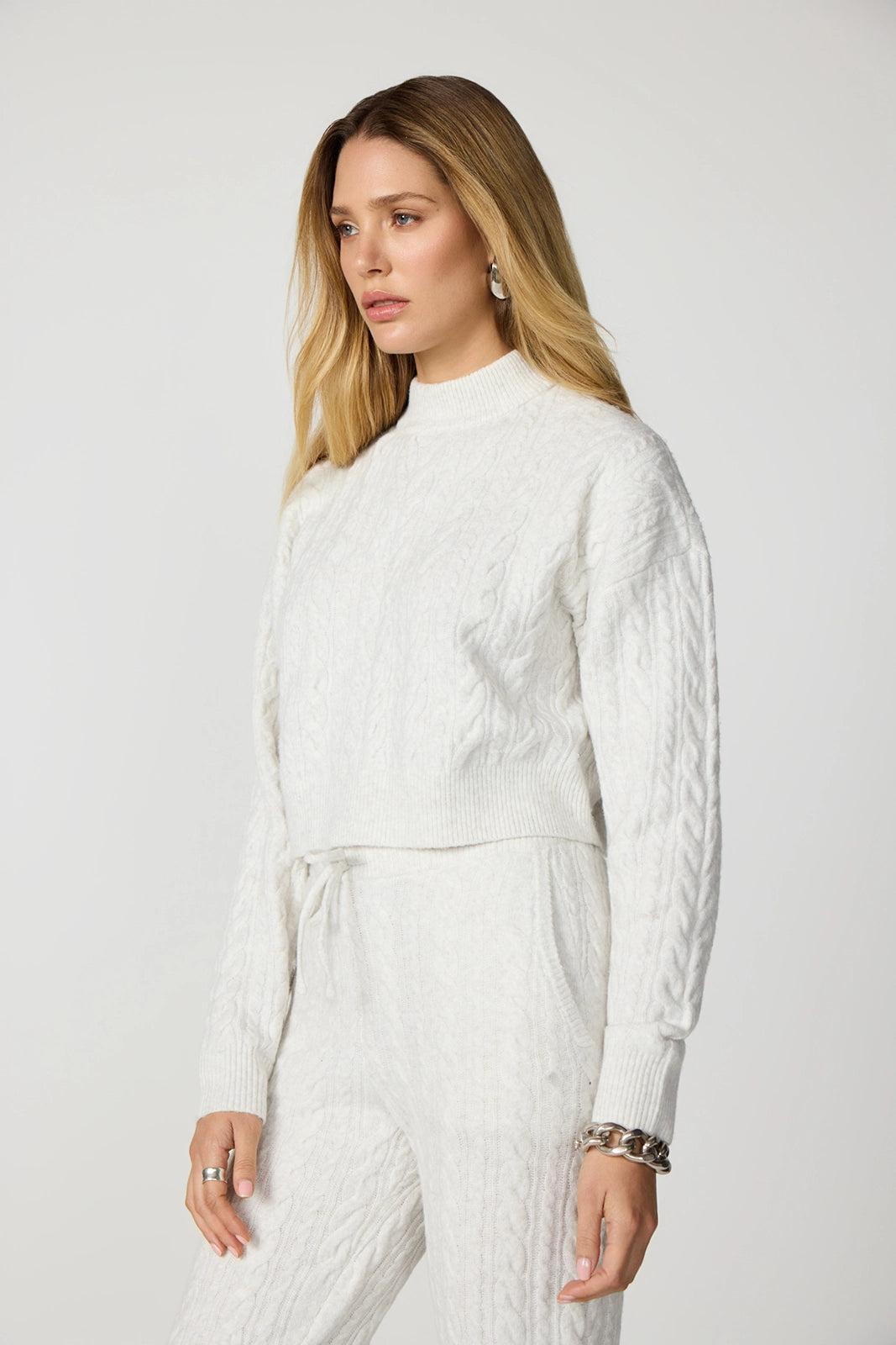 Cable Knit Cropped Sweater - Htr Moonbeam
