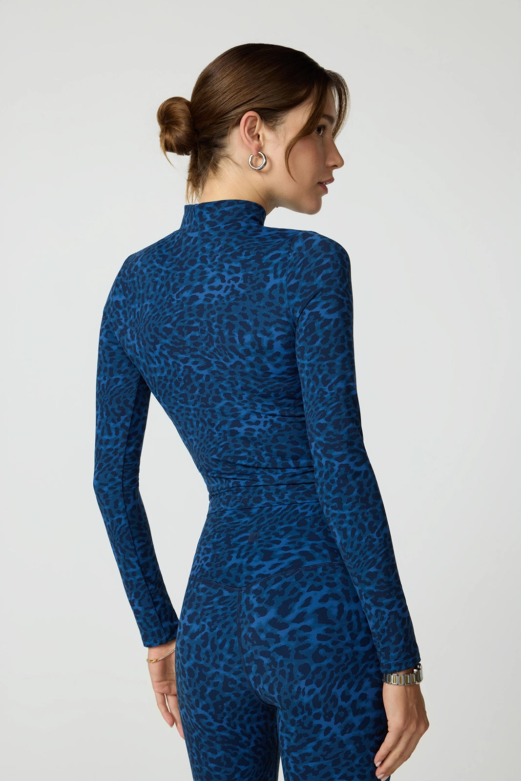 Printed Mock Neck Long Sleeve Top - Navy Blazer Leopard