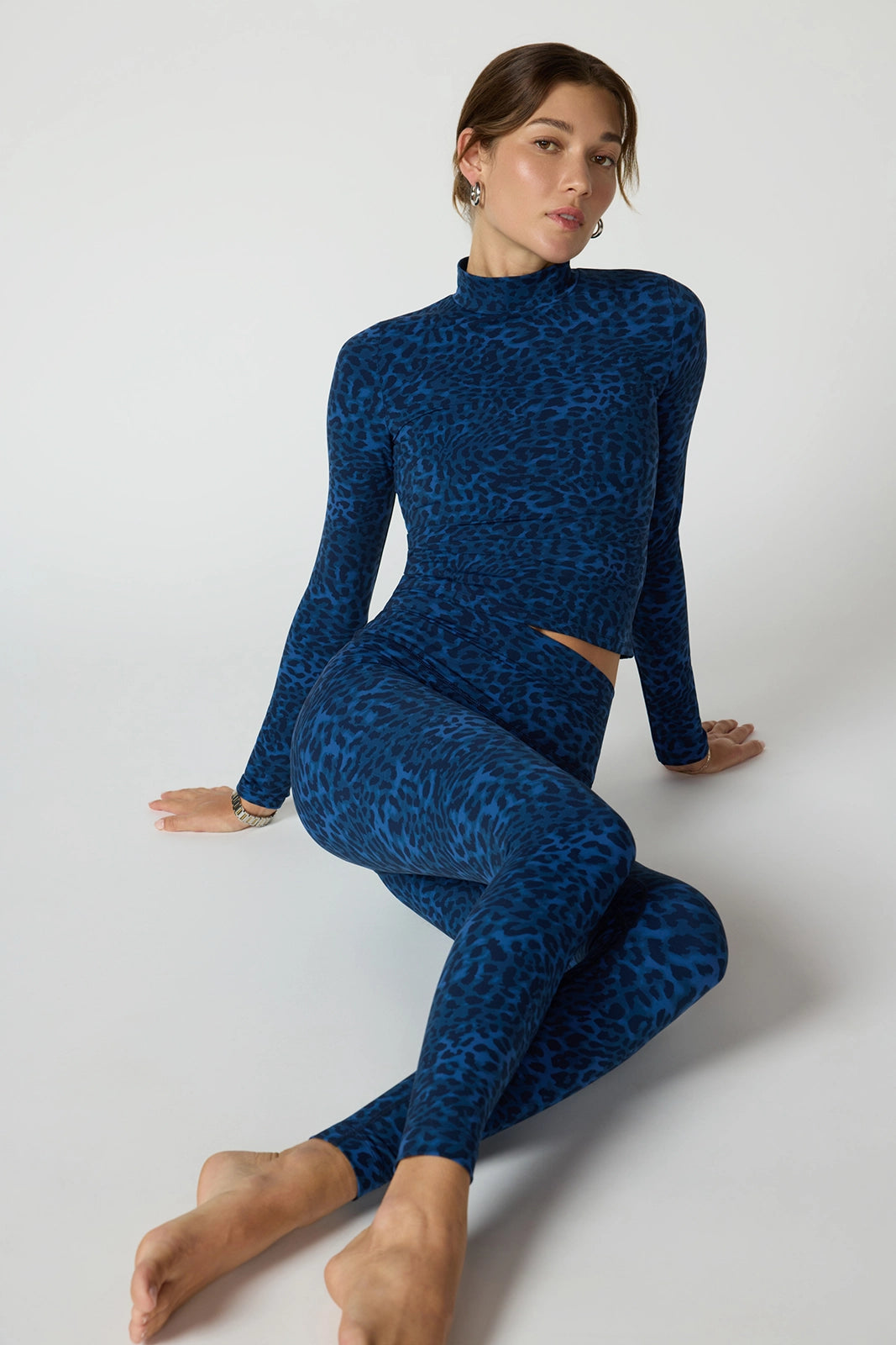 Printed Mock Neck Long Sleeve Top - Navy Blazer Leopard