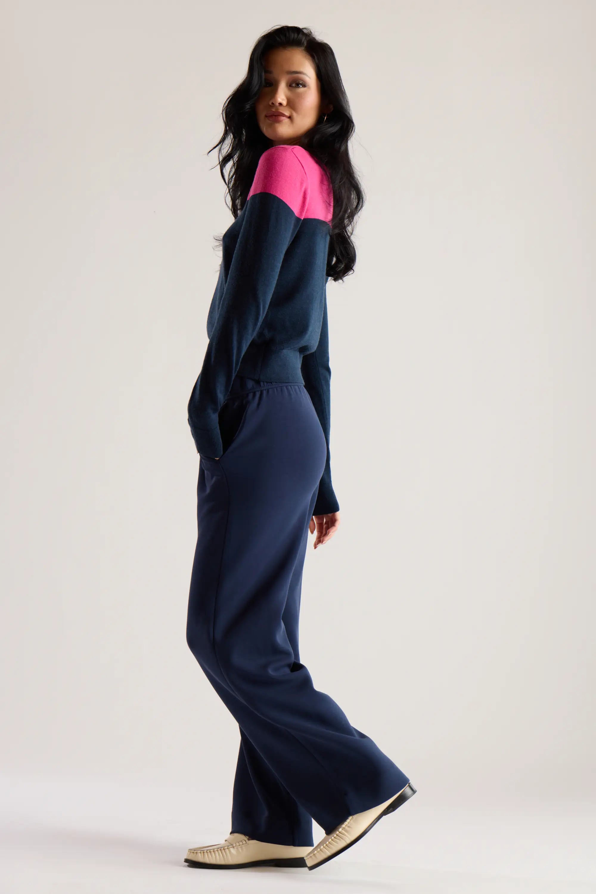 Merino Crew Neck - Navy Blazer/Fuchsia