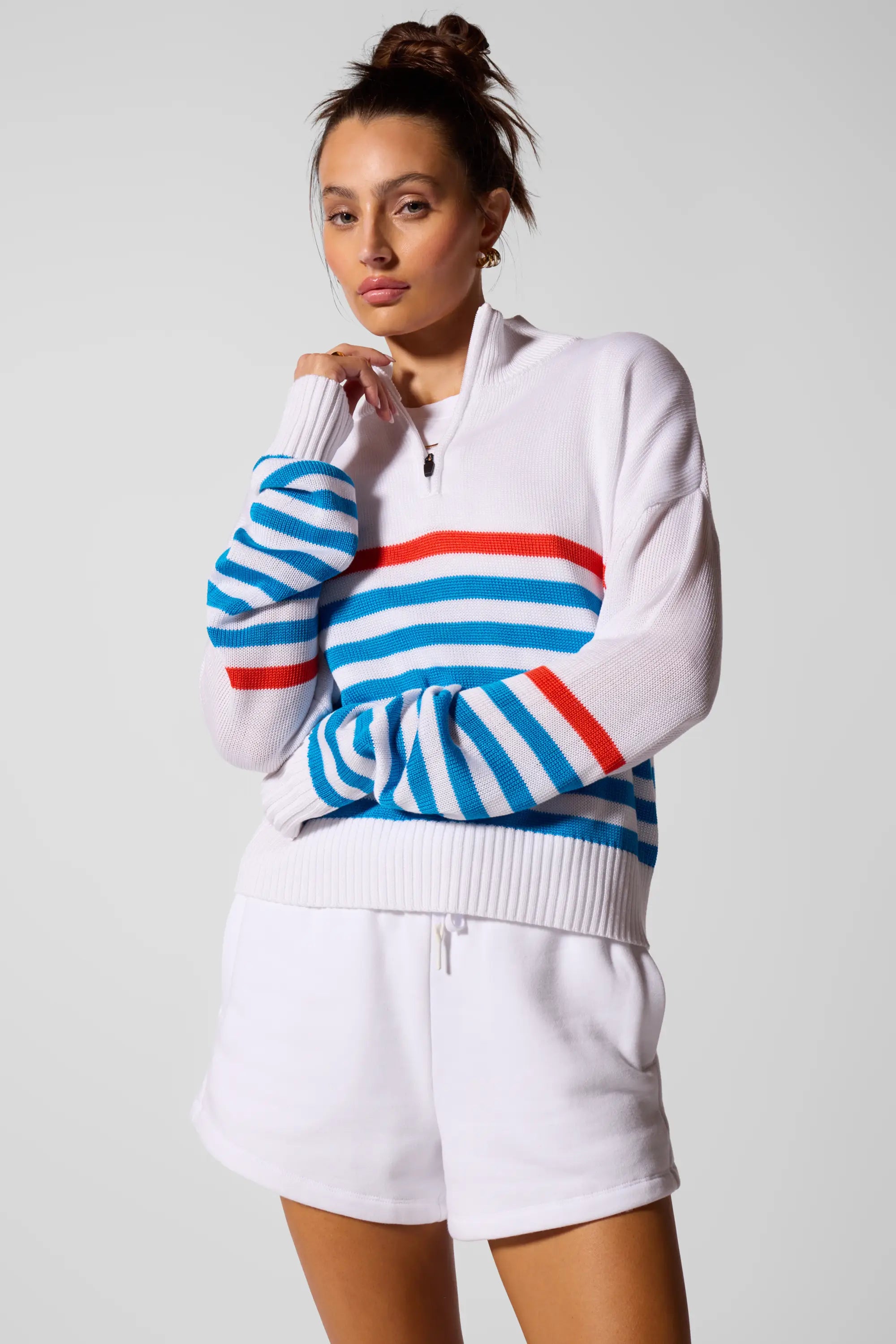 1/4 Zip Sweater Knit - Brilliant White Multi-Stripe