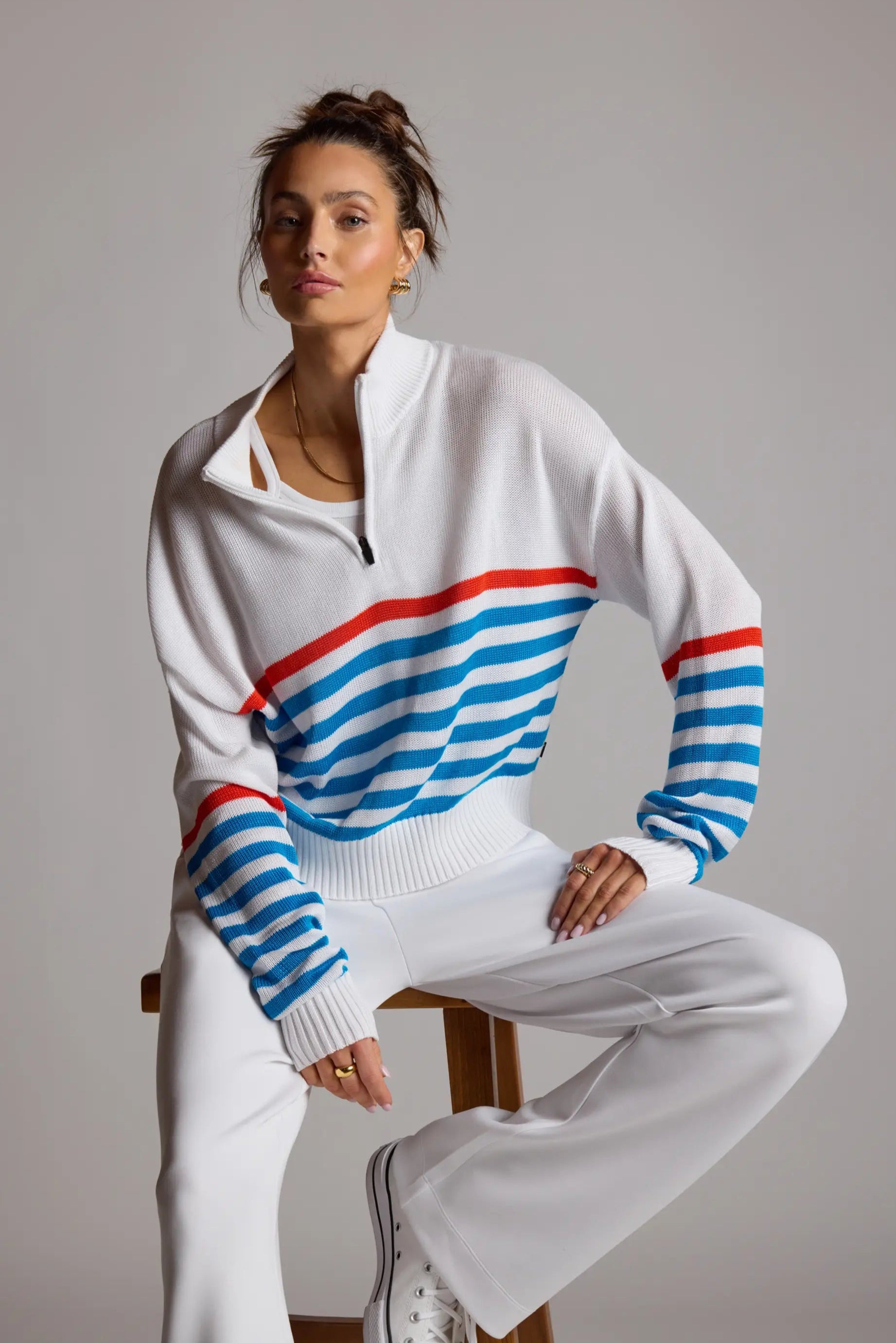 1/4 Zip Sweater Knit - Brilliant White Multi-Stripe