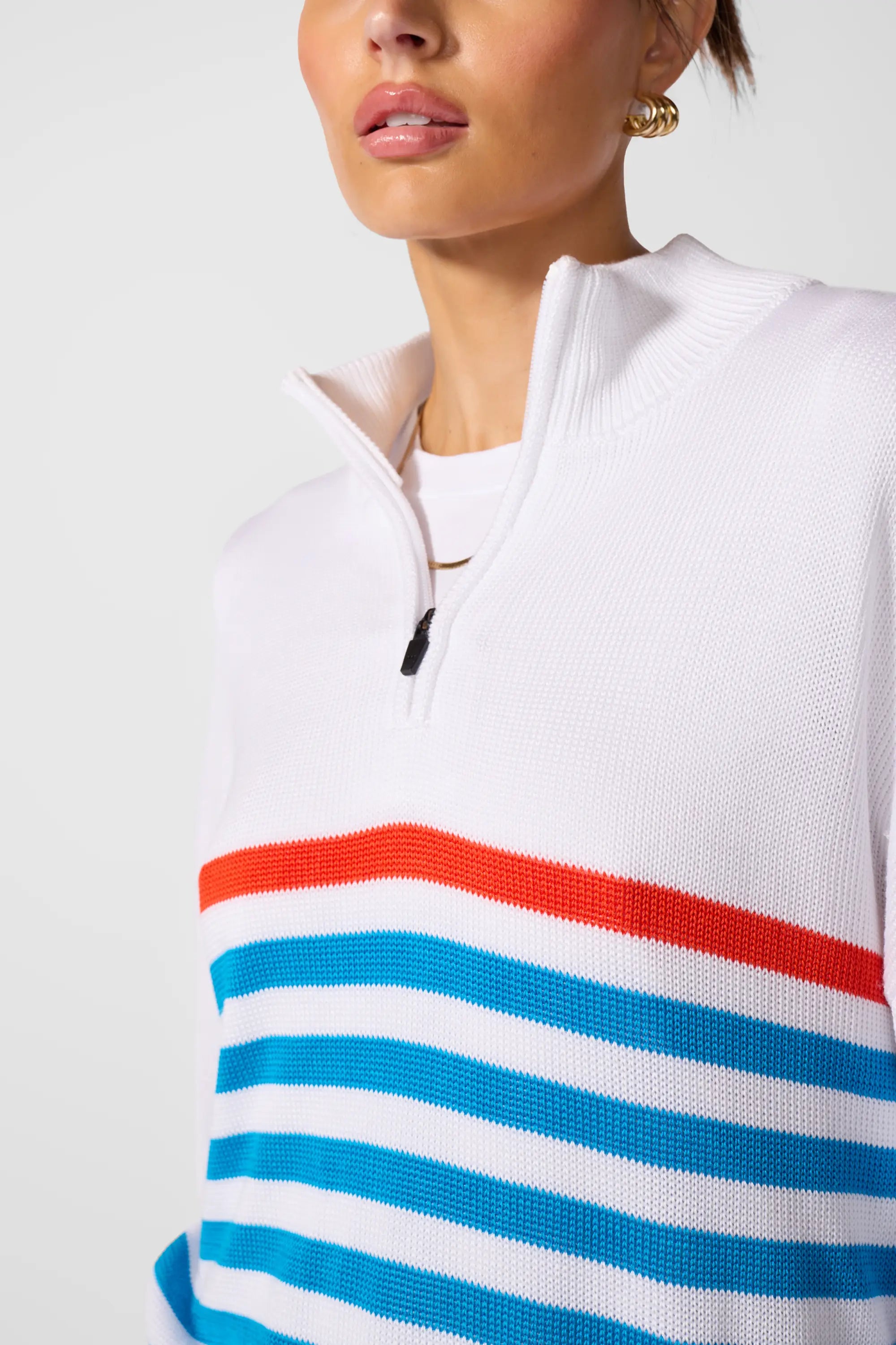 1/4 Zip Sweater Knit - Brilliant White Multi-Stripe