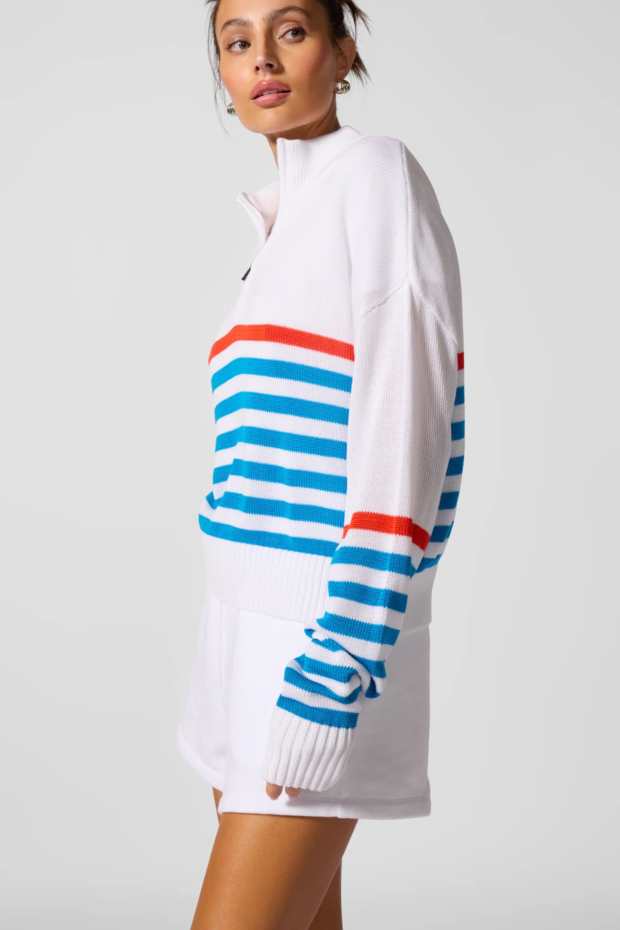 1/4 Zip Sweater Knit - Brilliant White Multi-Stripe