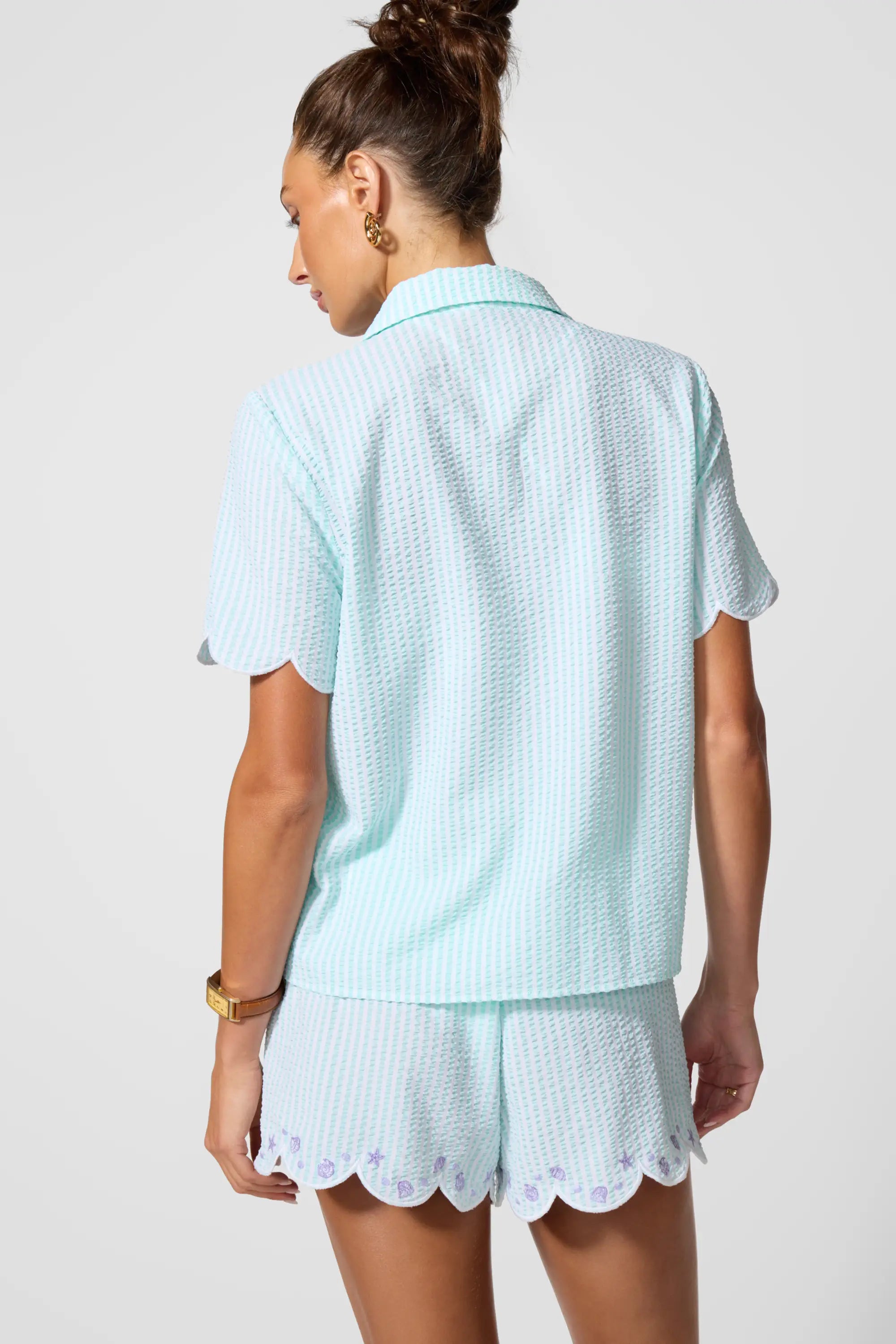 Embroidered Seersucker Top - Limpet Shell
