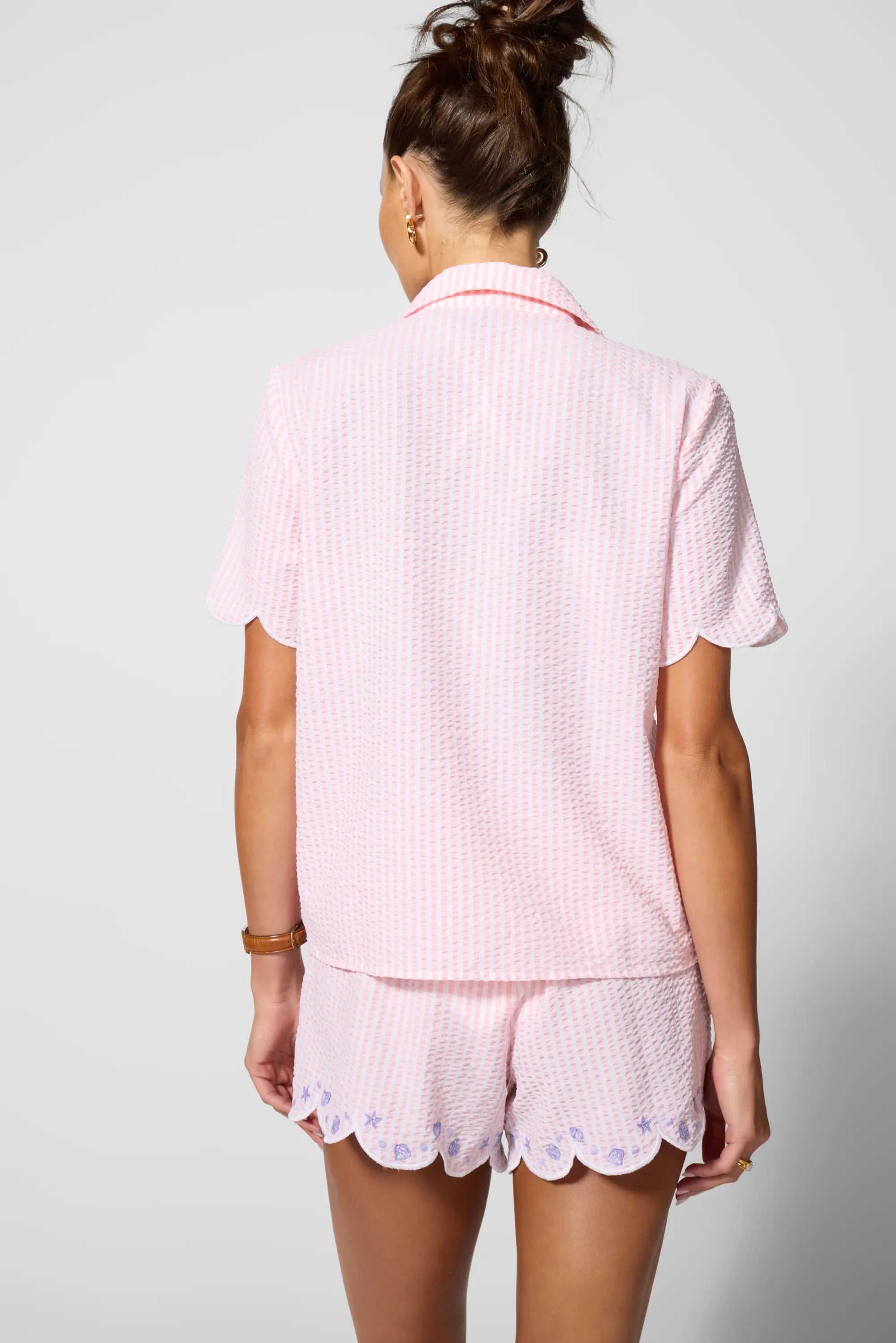 Embroidered Seersucker Top - Baby Pink