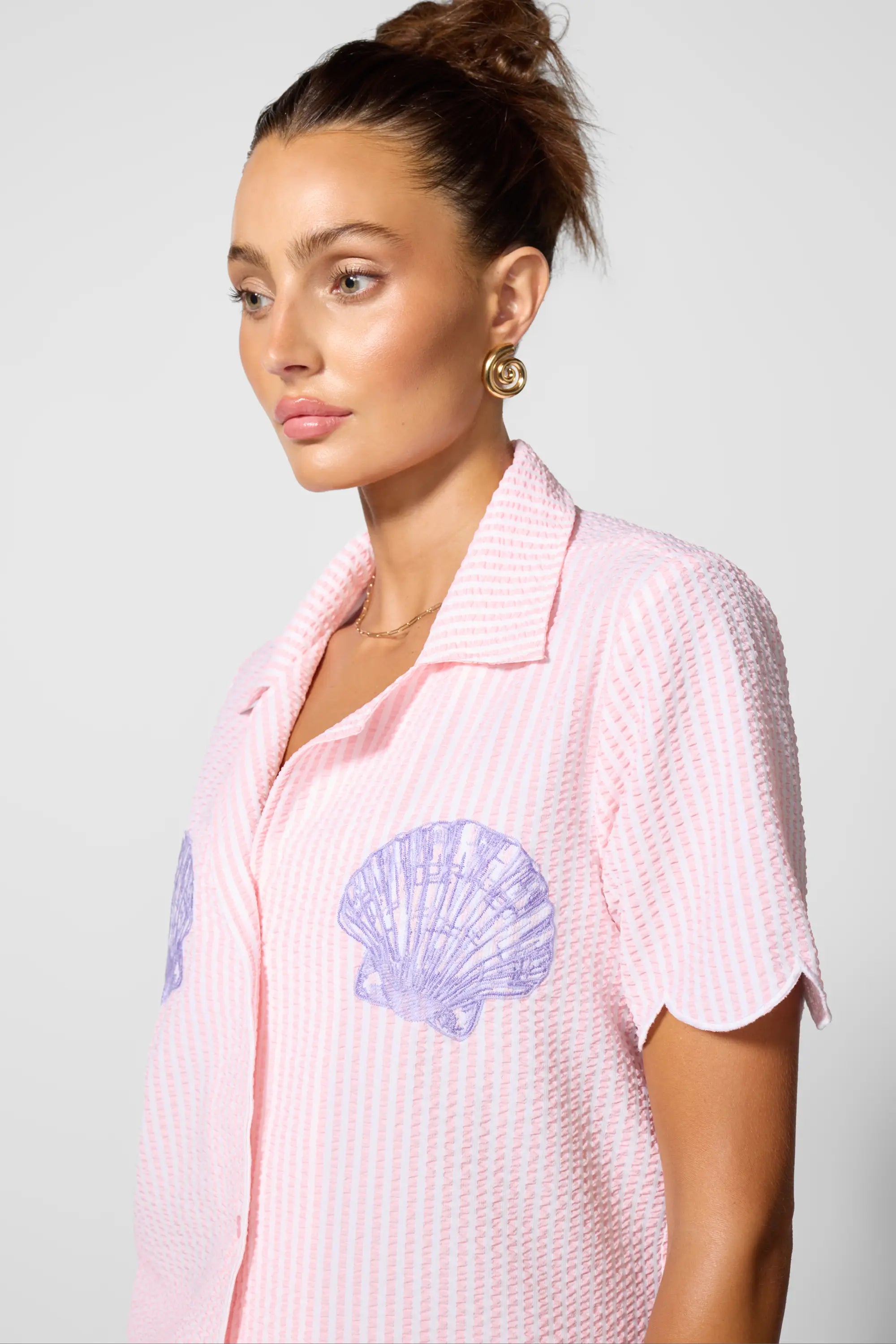 Embroidered Seersucker Top - Baby Pink