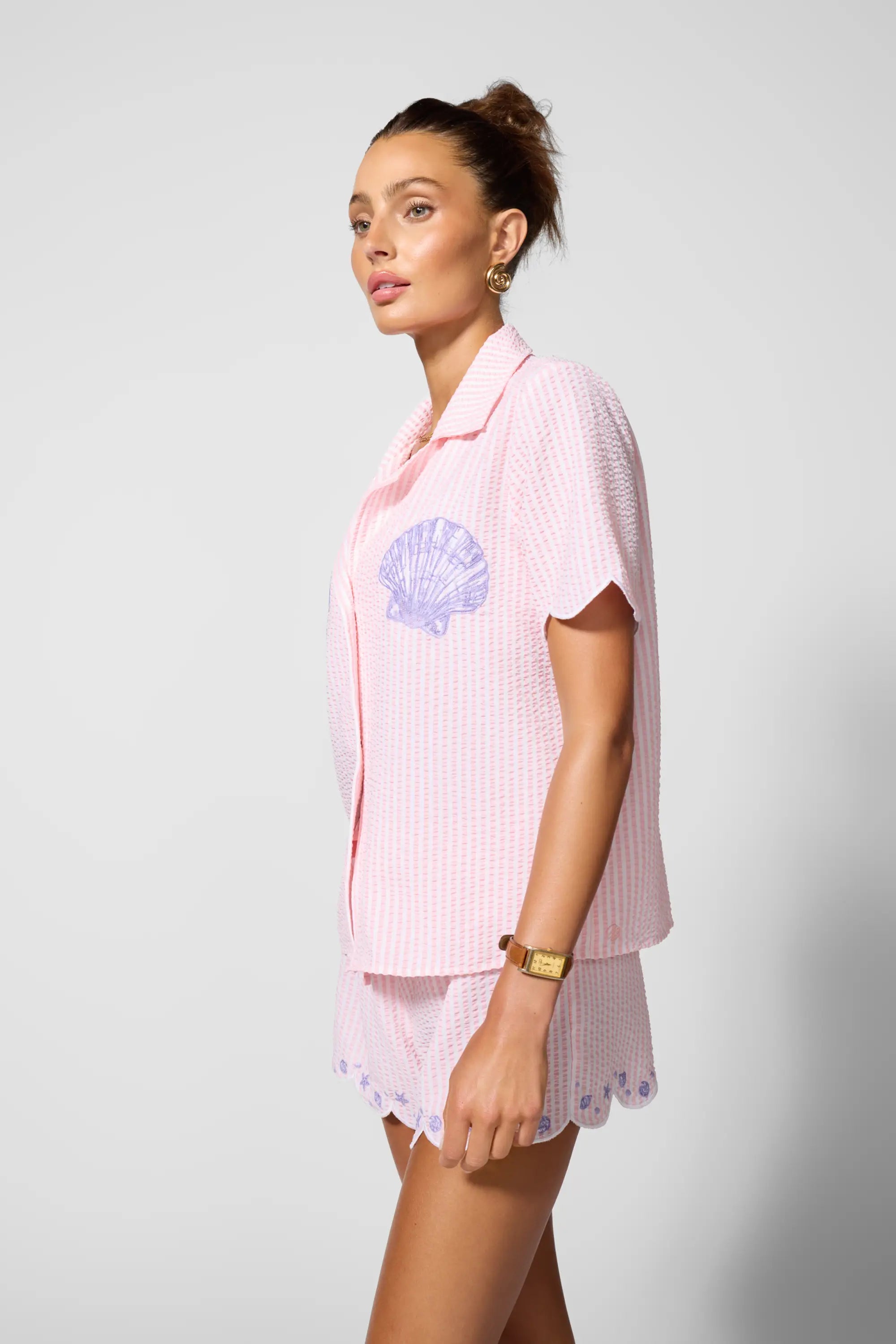 Embroidered Seersucker Top - Baby Pink