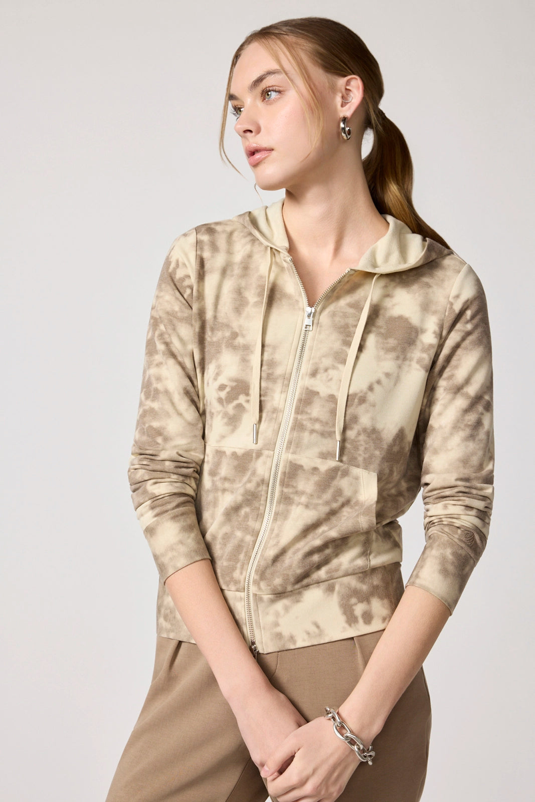 Shibori Cozy Fleece Slim Full Zip Hoodie - Brown Rice Shibori