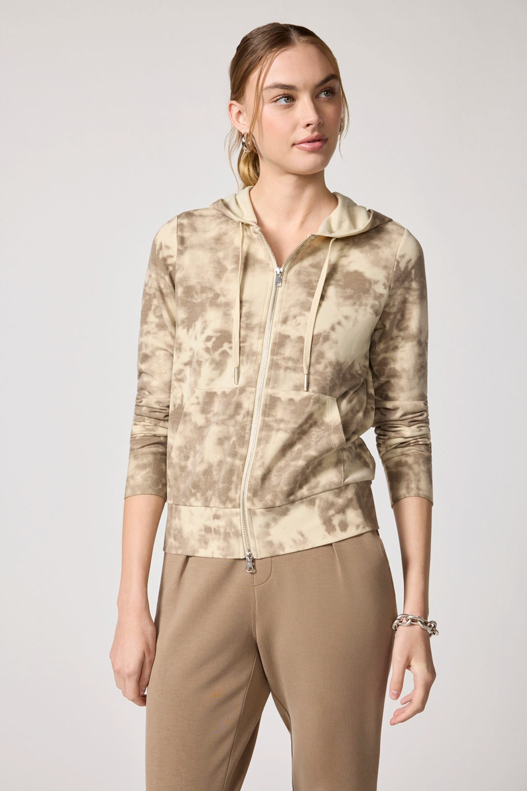 Shibori Cozy Fleece Slim Full Zip Hoodie - Brown Rice Shibori