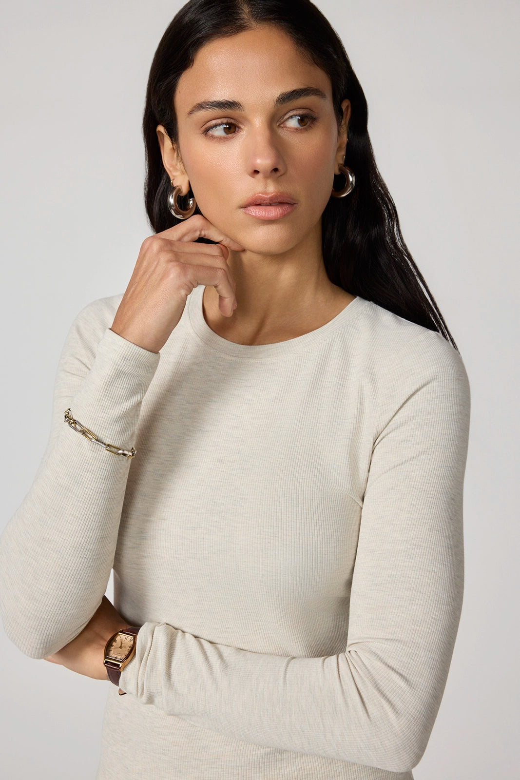 Baby Rib Long Sleeve Crew Neck - Htr Brown Rice