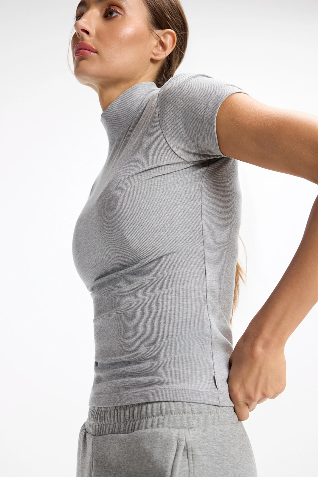 Baby Rib Short Sleeve Mock Neck - Htr Concrete