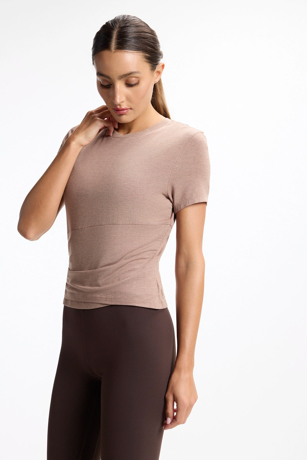 For general description, go to 'Main Product Description' region - Breeze Short Sleeve Wrapped Top - Htr Brownie