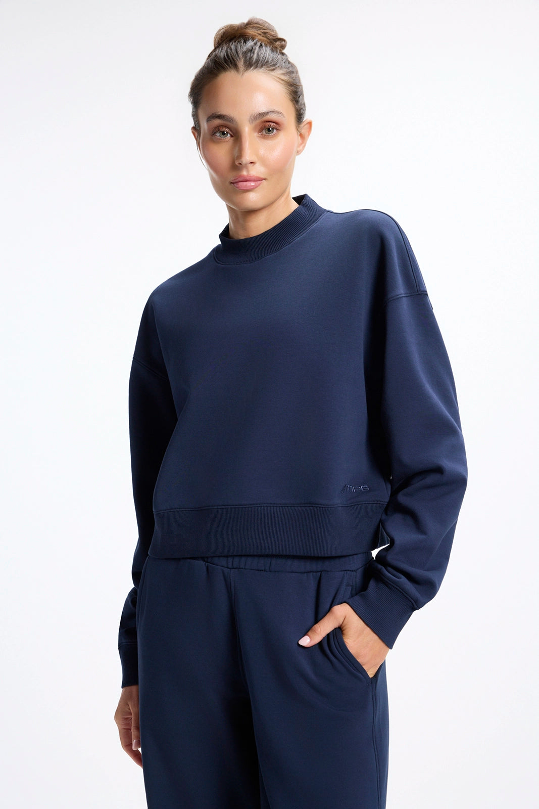 Ultrasoft Fleece Mock Neck Cropped Sweatshirt - Navy Blazer