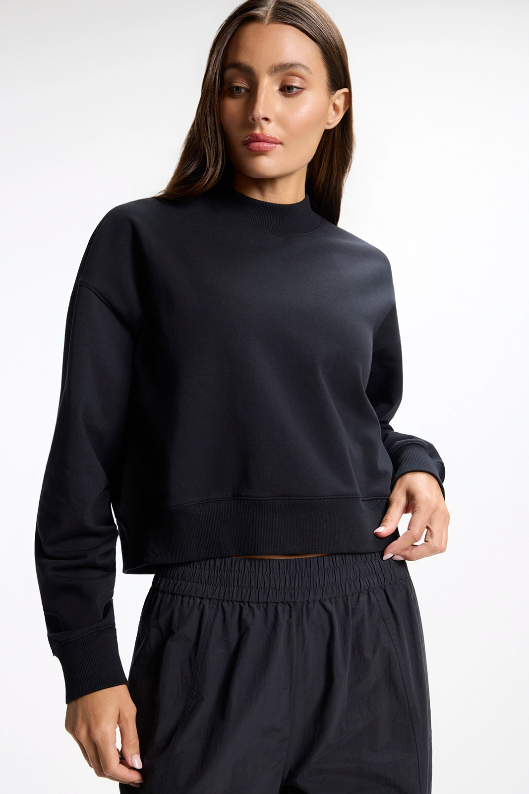 Ultrasoft Fleece Mock Neck Cropped Sweatshirt - Black