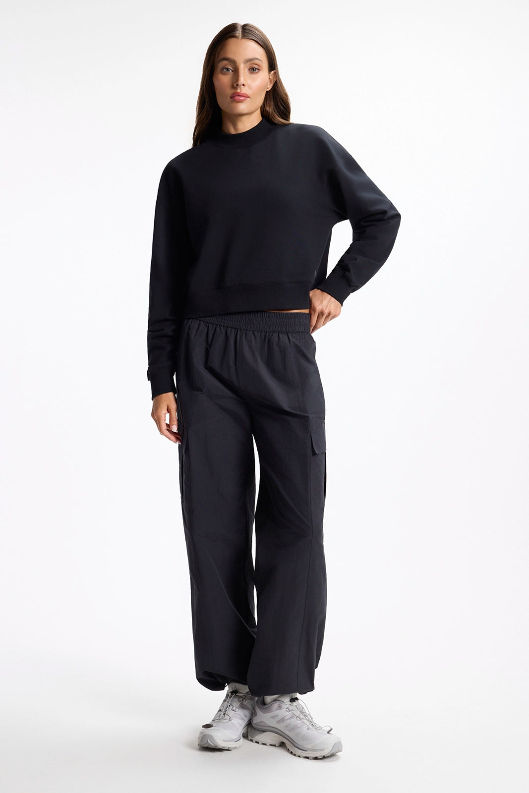 Ultrasoft Fleece Mock Neck Cropped Sweatshirt - Black