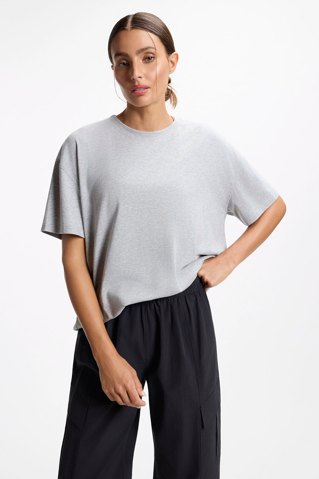 For general description, go to 'Main Product Description' region - Pima Relaxed Tee - Htr Concrete