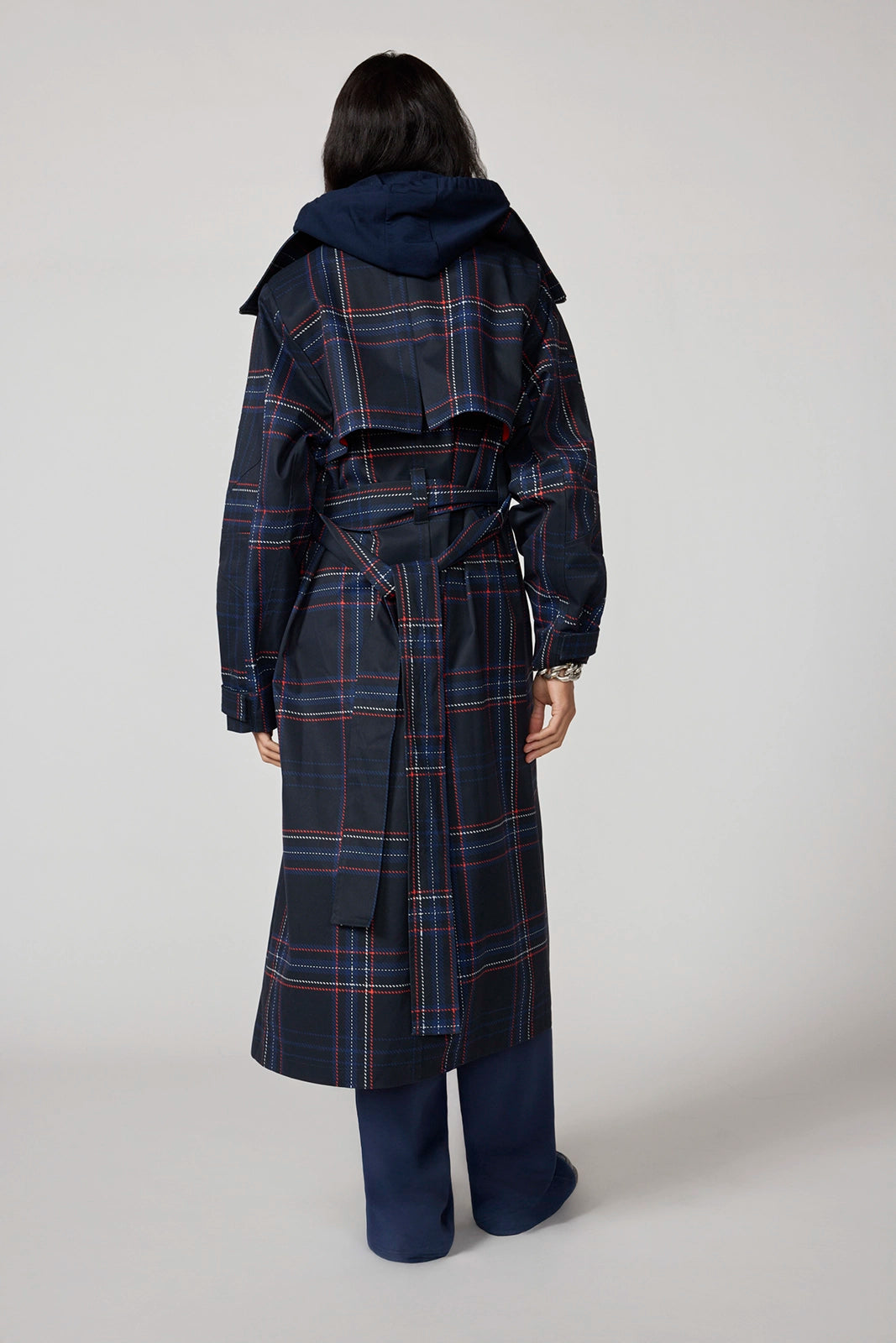 Oversized Trench Coat - Black/Navy Blazer Plaid