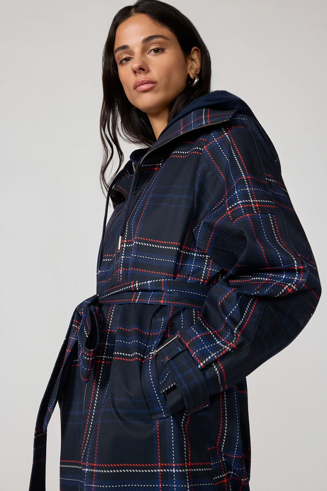 Oversized Trench Coat - Black/Navy Blazer Plaid