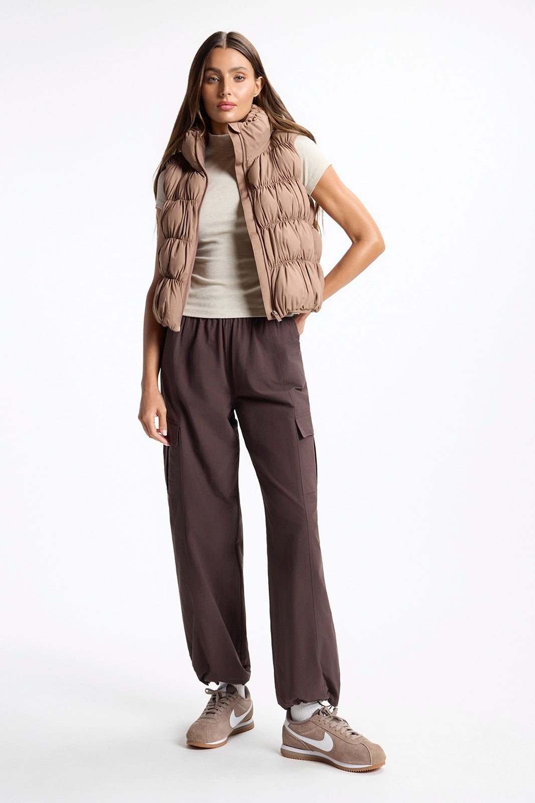 For general description, go to 'Main Product Description' region - Ruched Vest - Brownie