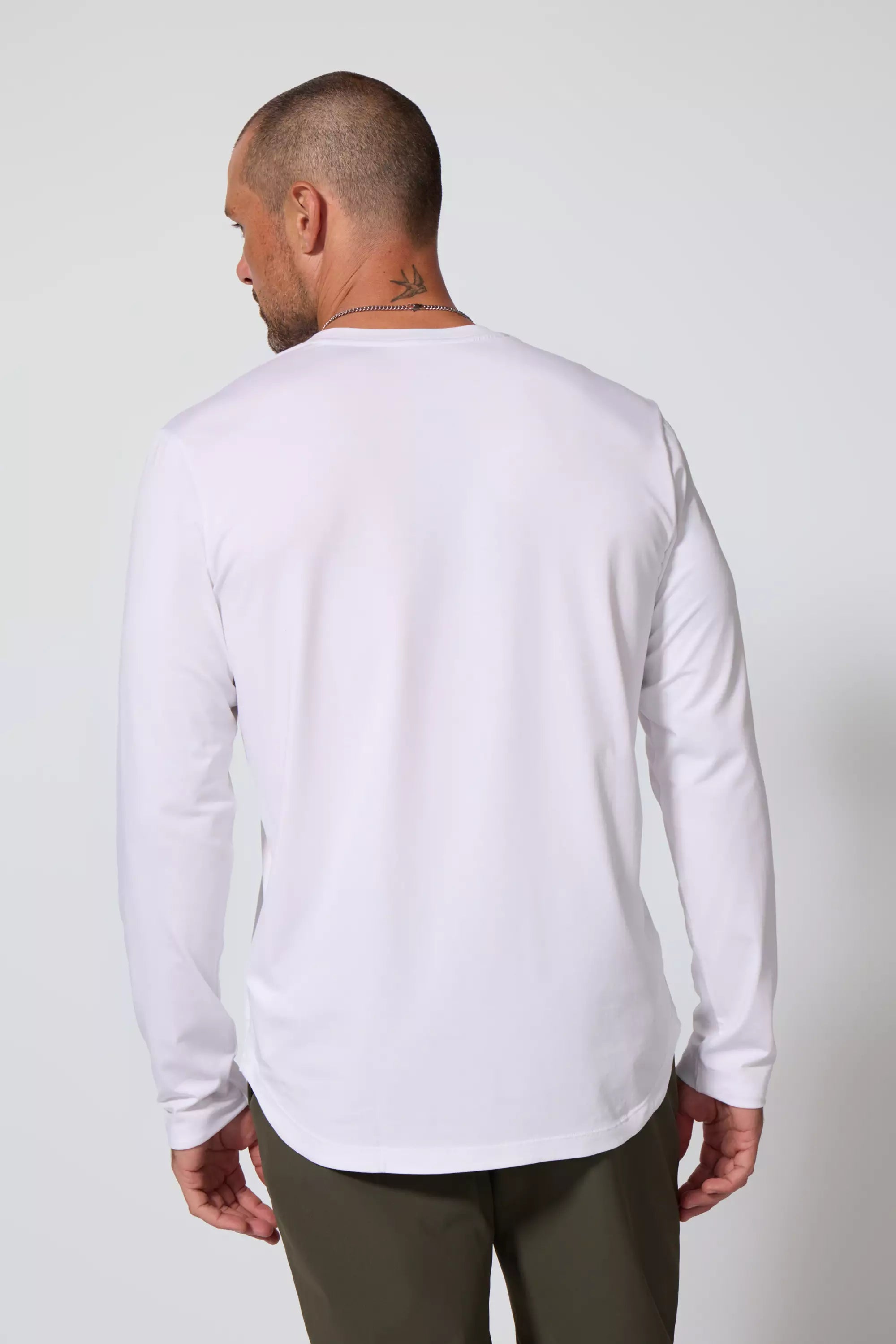 Pima Cotton Long Sleeve Tee With Curved Hem - White