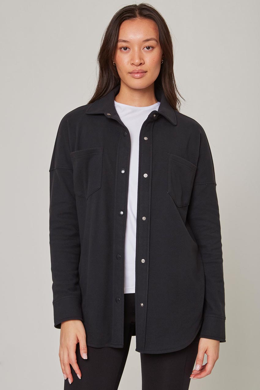 Mondetta Women's Knit Oversized Button-Up Shirt in Black