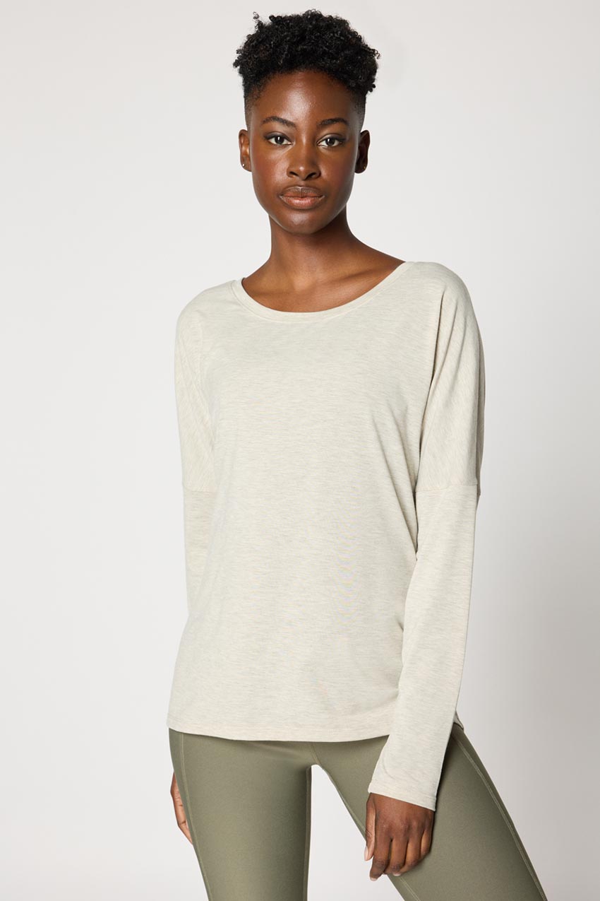 MPG Sport Dynamic Recycled Cover-Up Stink-Free Long Sleeve Top in Htr Oatmeal