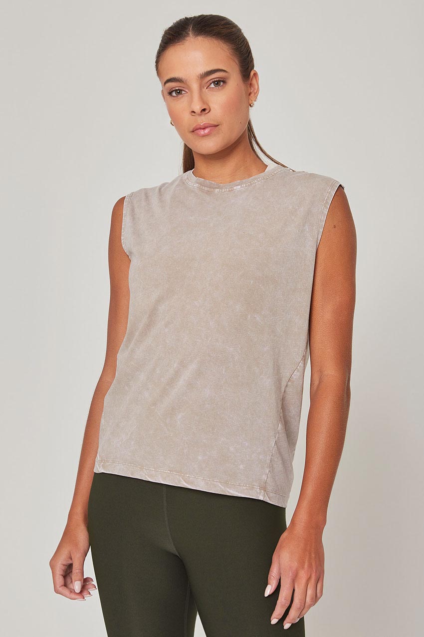 MPG Sport Calm Boxy Washed Tank Top in Distressed Taupe