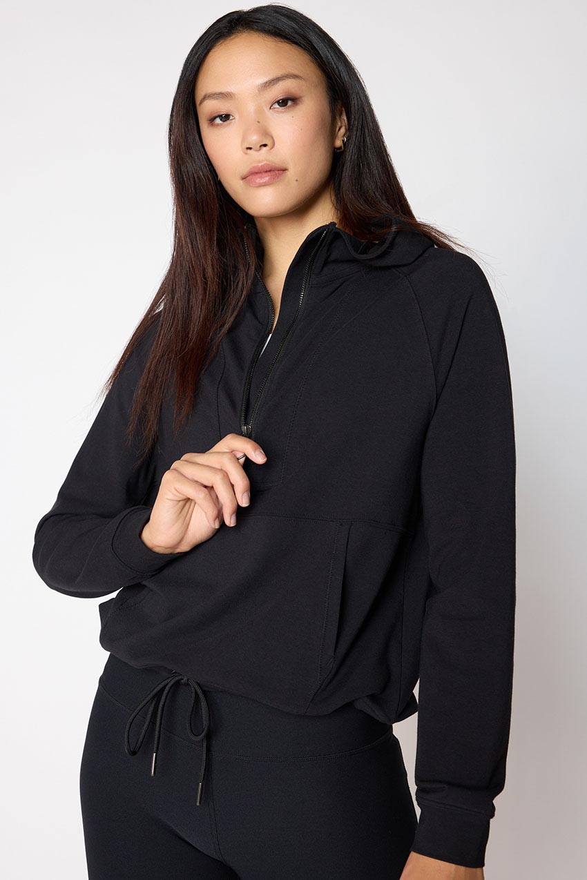 MPG Sport Balance TENCEL™ Half Zip Hoodie with Hem Drawcord in Black