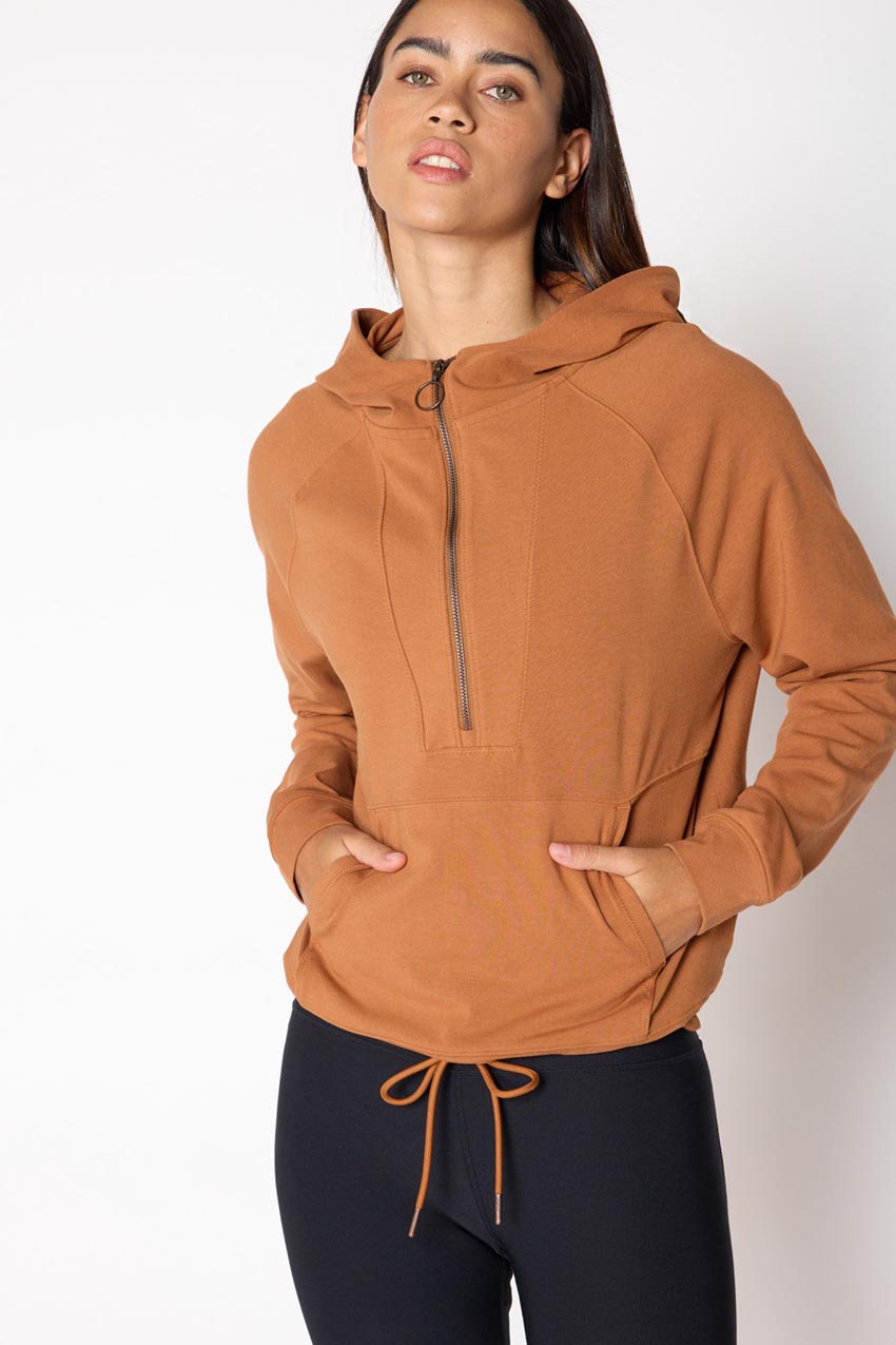MPG Sport Balance TENCEL™ Half Zip Hoodie with Hem Drawcord in Dark Camel