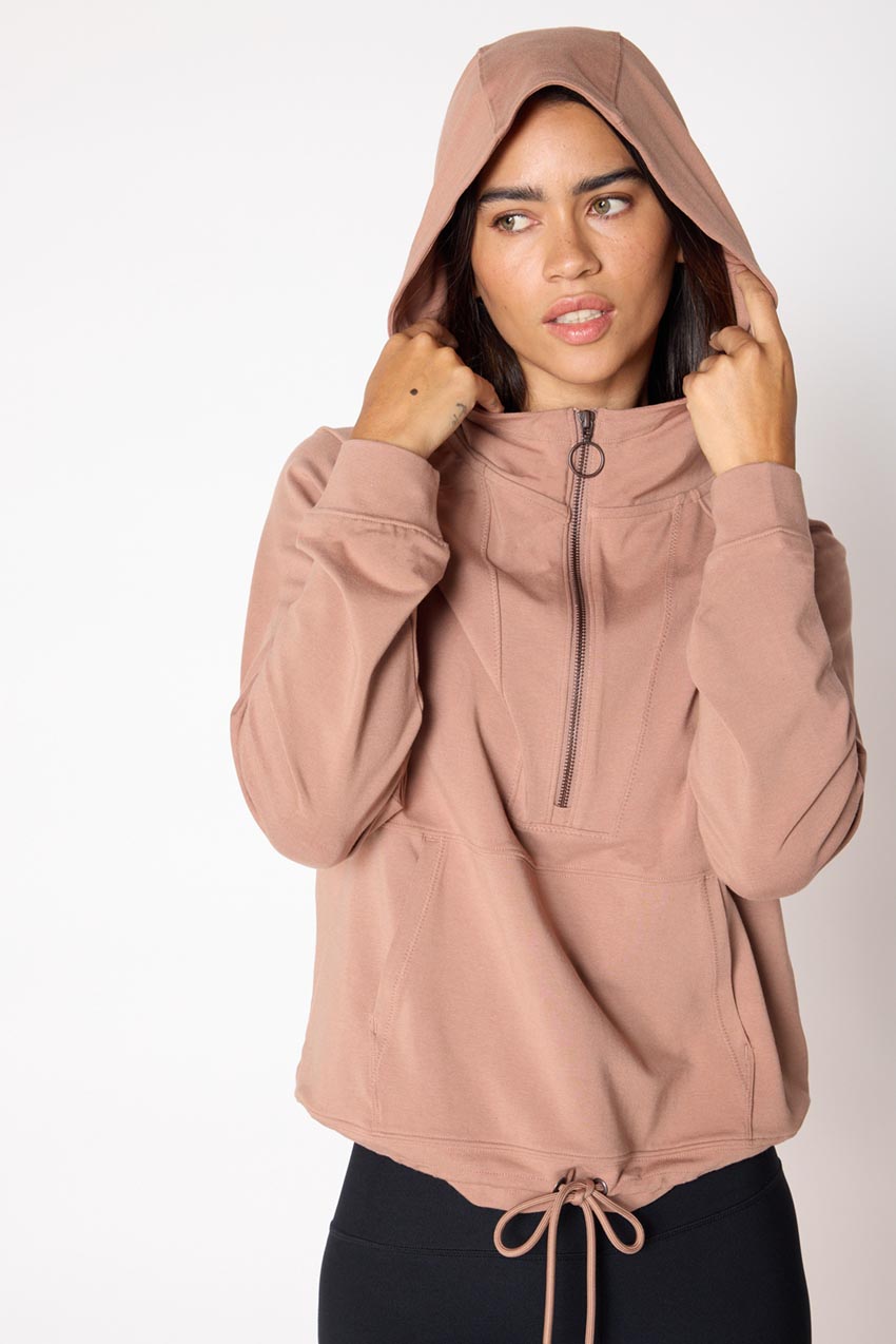 MPG Sport Balance TENCEL™ Half Zip Hoodie with Hem Drawcord in Dark Mocha