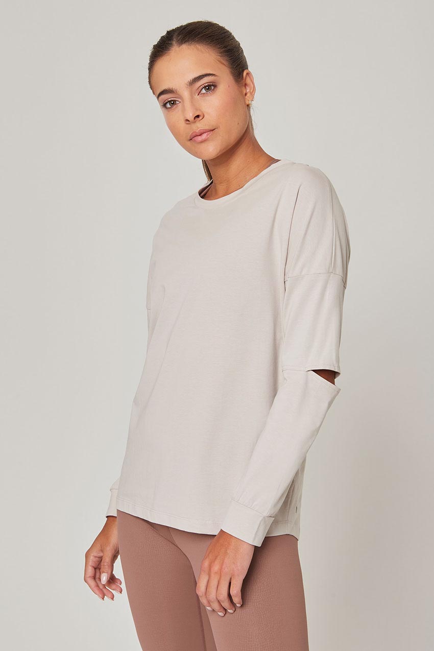 MPG Sport Calm Oversized Long Sleeve Shirt with Elbow Slit  in Linen White