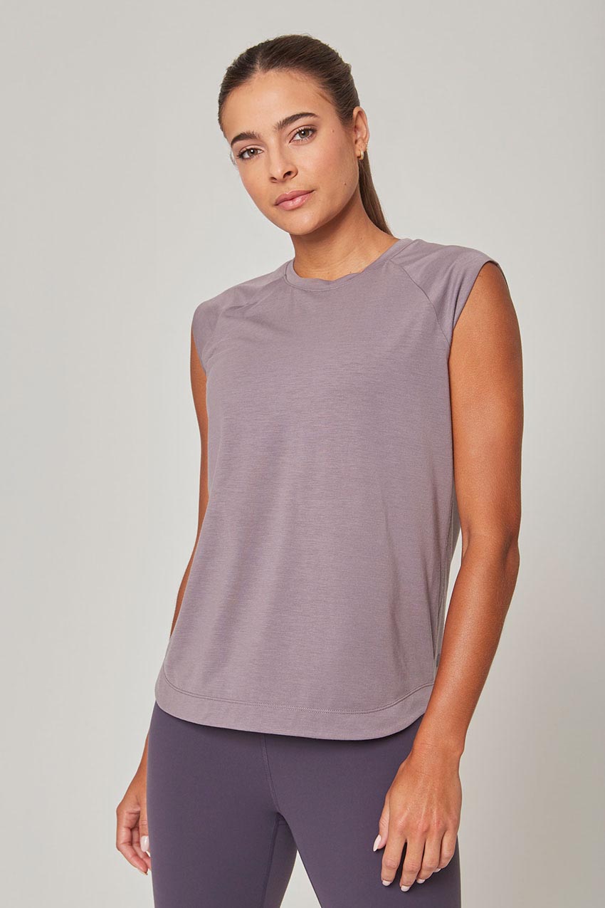MPG Sport Dynamic Recycled Polyester Cap Sleeve Stink-Free Short Sleeve Shirt in Violet Smoke