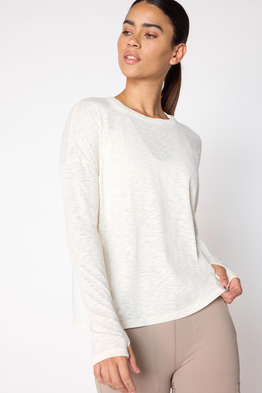 MPG Sport Fusion Crew Neck Relaxed Long Sleeve Mixed Media Shirt in Papyrus