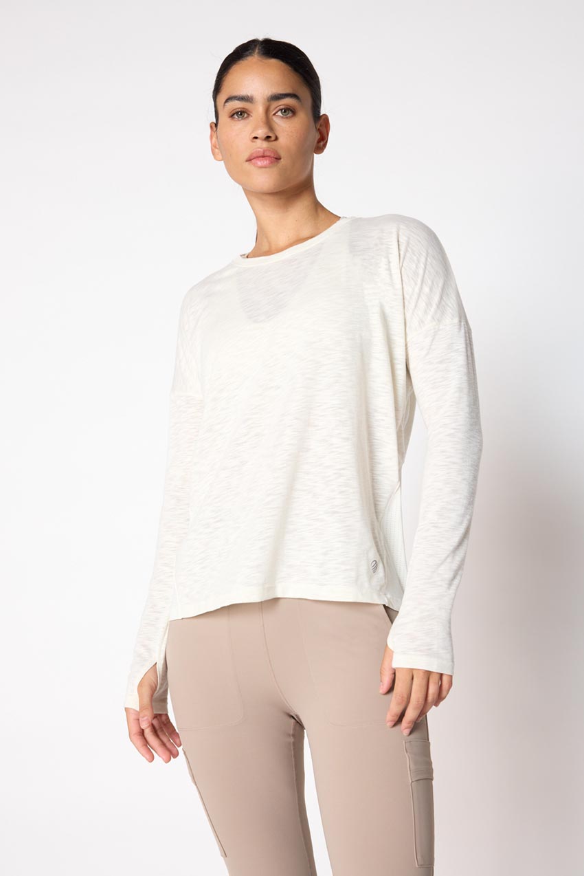 Fusion Crew Neck Relaxed Long Sleeve Mixed Media Shirt