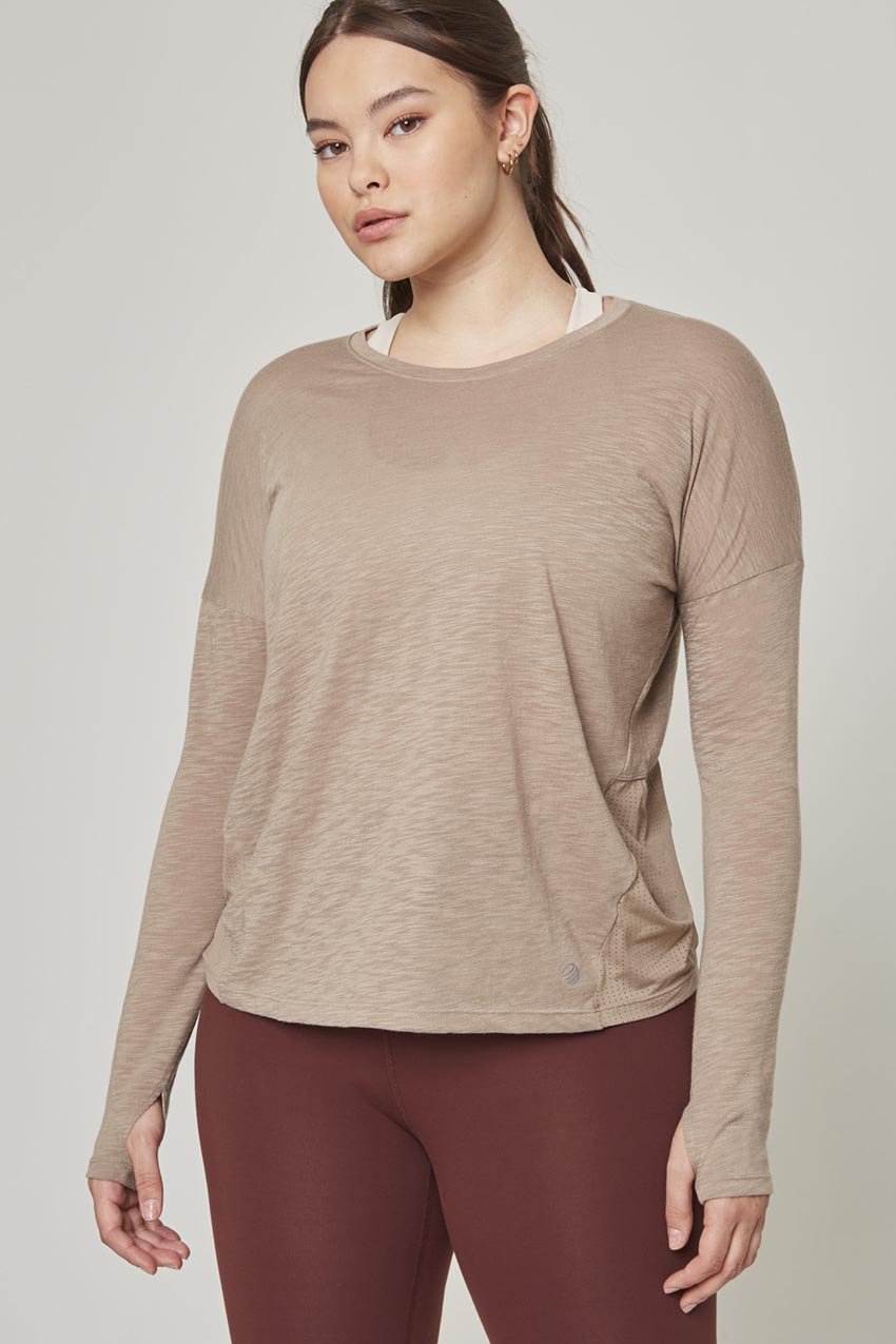 Fusion Crew Neck Relaxed Long Sleeve Mixed Media Shirt
