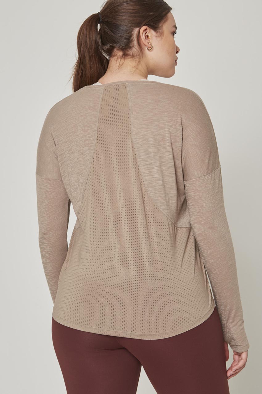 Fusion Crew Neck Relaxed Long Sleeve Mixed Media Shirt