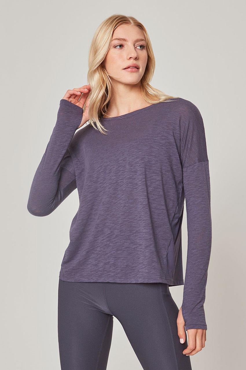 Fusion Crew Neck Relaxed Long Sleeve Mixed Media Shirt