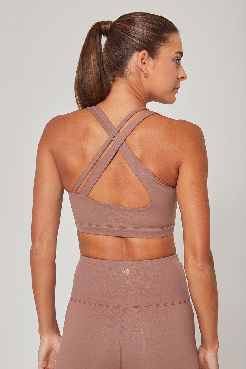MPG Sport Vital Asymmetric Strap Medium Support Crackle Print Sports Bra in Almond Crackle