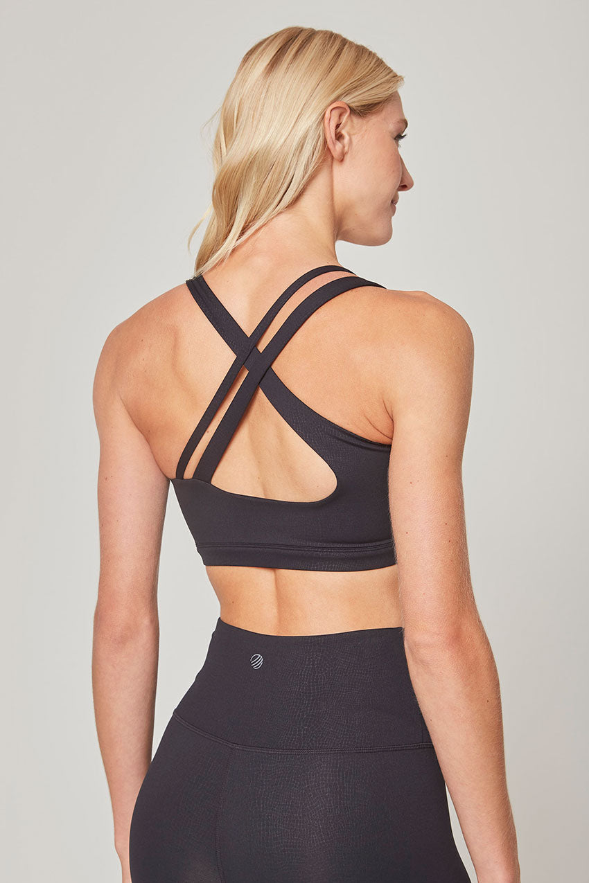 MPG Sport Vital Asymmetric Strap Medium Support Crackle Print Sports Bra in Black Crackle