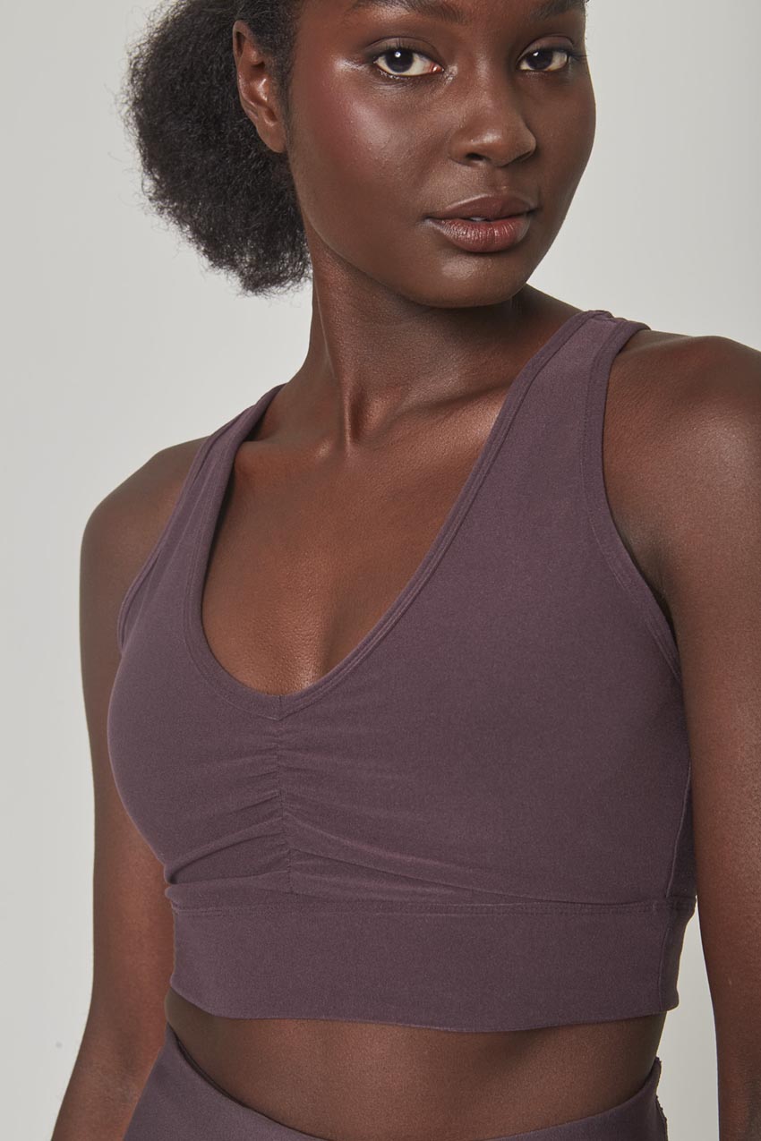 Explore Ruched V-Neck Medium Support Sports Bra Peached