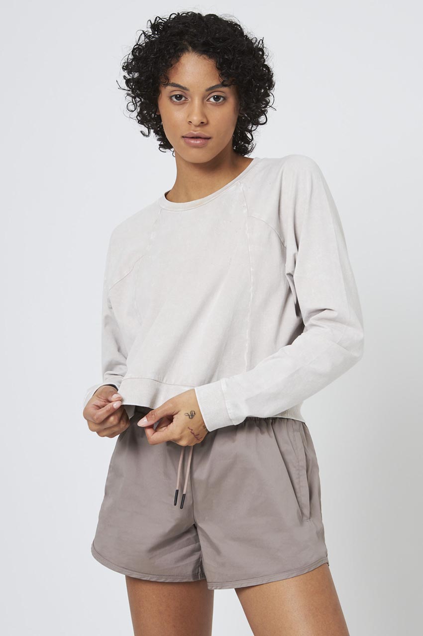 MPG Sport Rhythm Cropped Crew Neck Long Sleeve in Distressed Natural