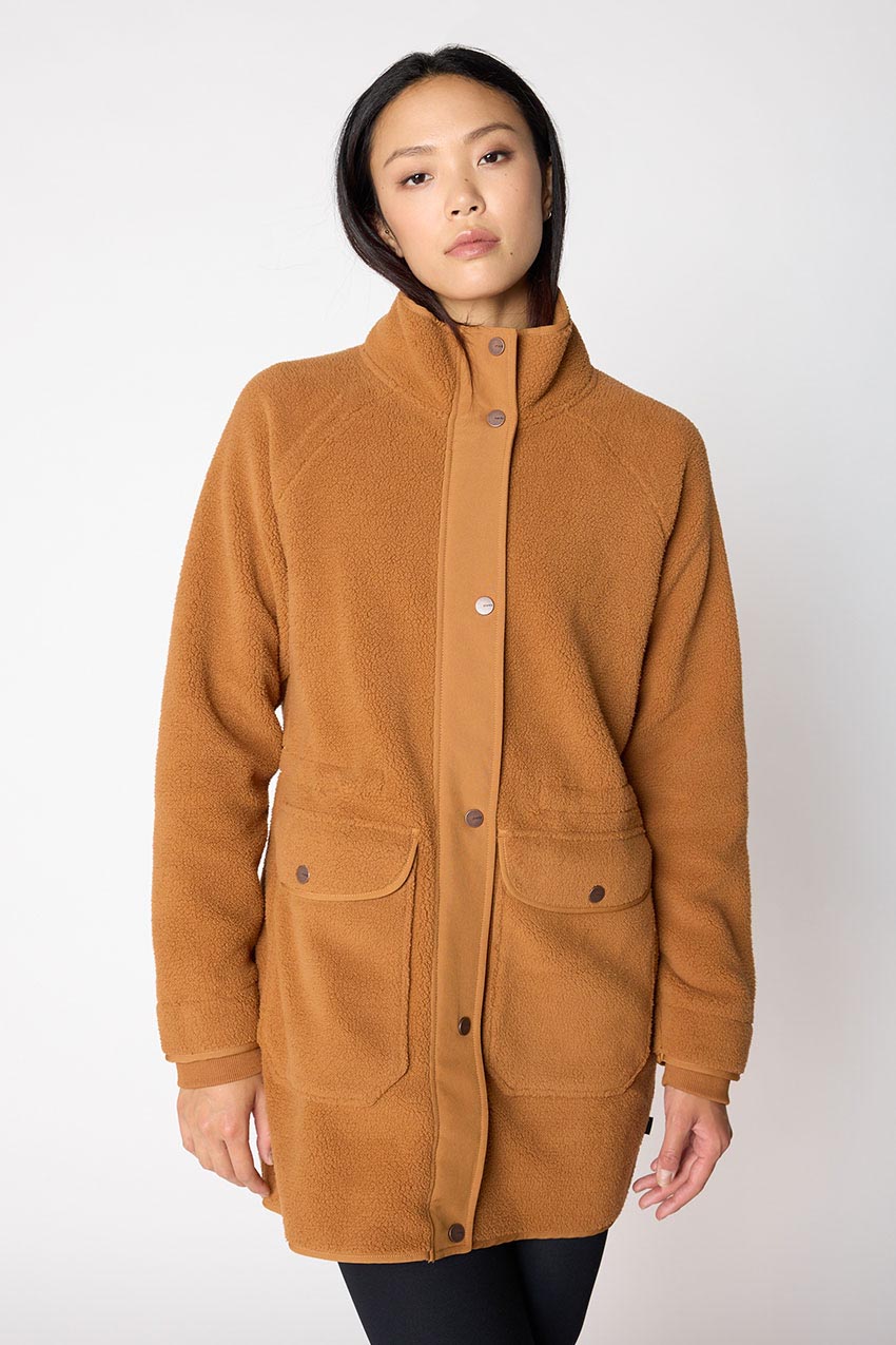MPG Sport Levitate Longline Mixed Media Berber Jacket in Dark Camel