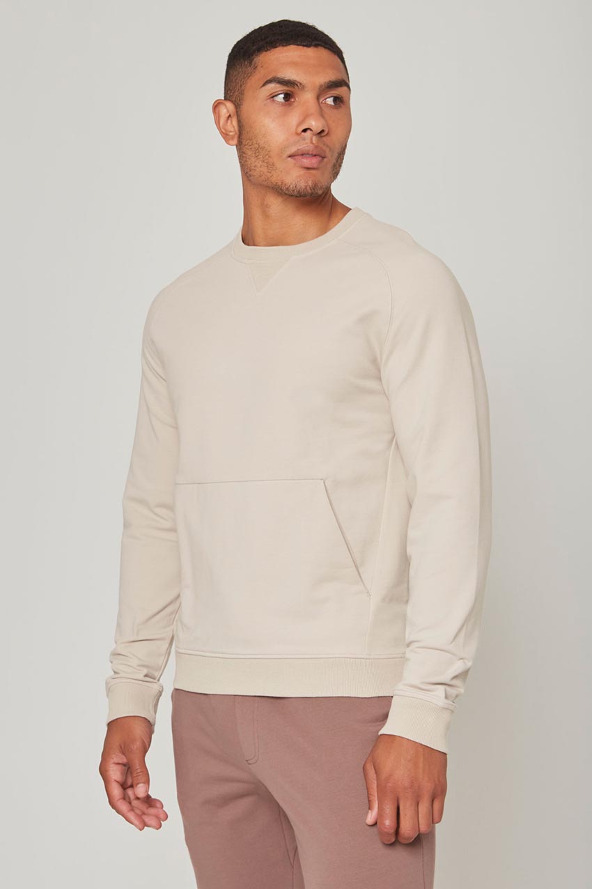 MPG Sport Unwind Crew Neck Pullover with Front Pocket in Linen White